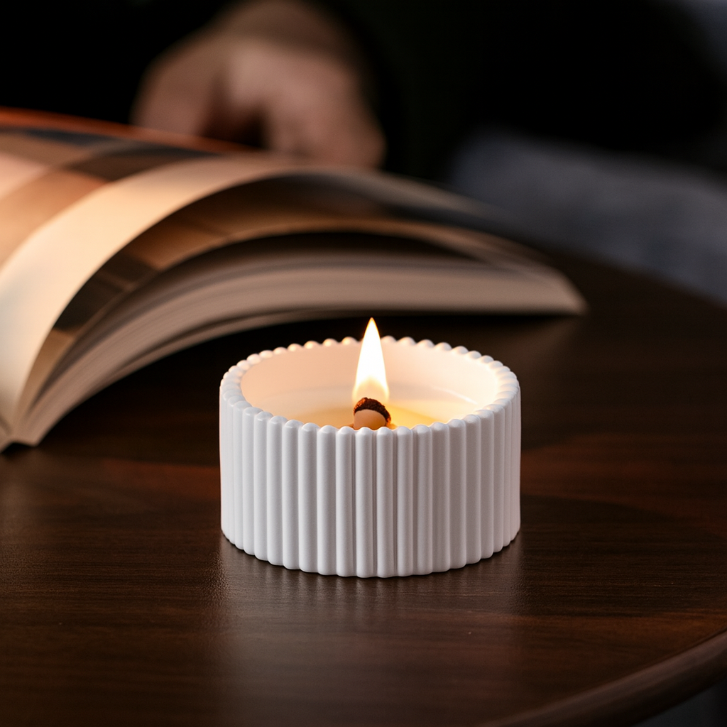 Vela Aromática en Vaso de Cerámica Estriada – Cera de Soja Natural, Mecha de Madera, Estilo Minimalista