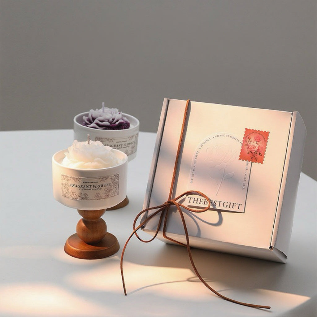 Vela aromática en forma de camelia · Cera de soja 100% · Base de madera · Caja regalo