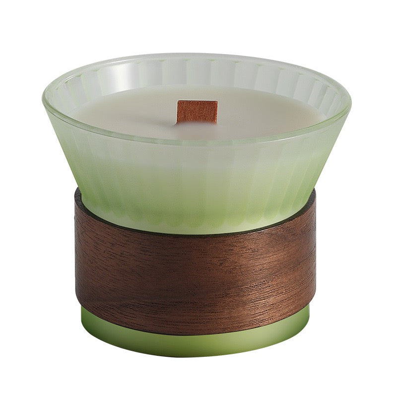 Vela aromática vegetal · Cera de soja 100% · Pabilo de madera · Relajación natural