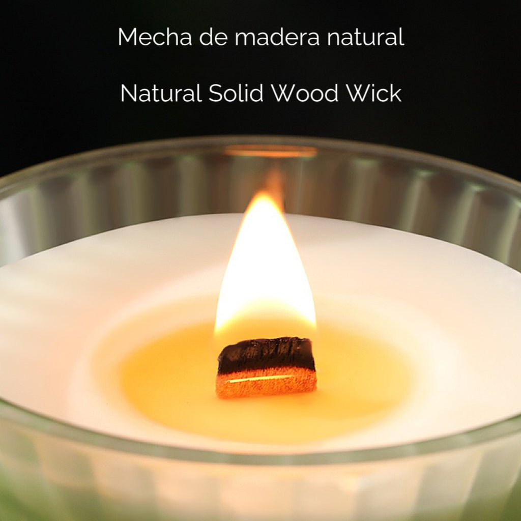 Vela aromática vegetal · Cera de soja 100% · Pabilo de madera · Relajación natural